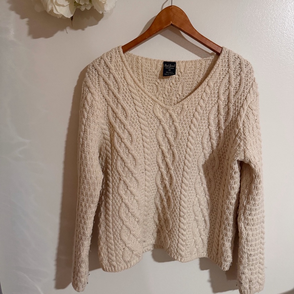 Paul James // off white cable knit v neck sweater vintage wool size medium CM